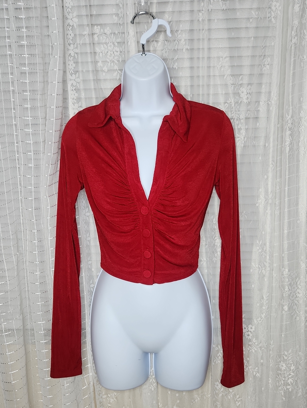 Naked Wardrobe red deep-V neck crop Button Up Long Sleeve shirt SzM